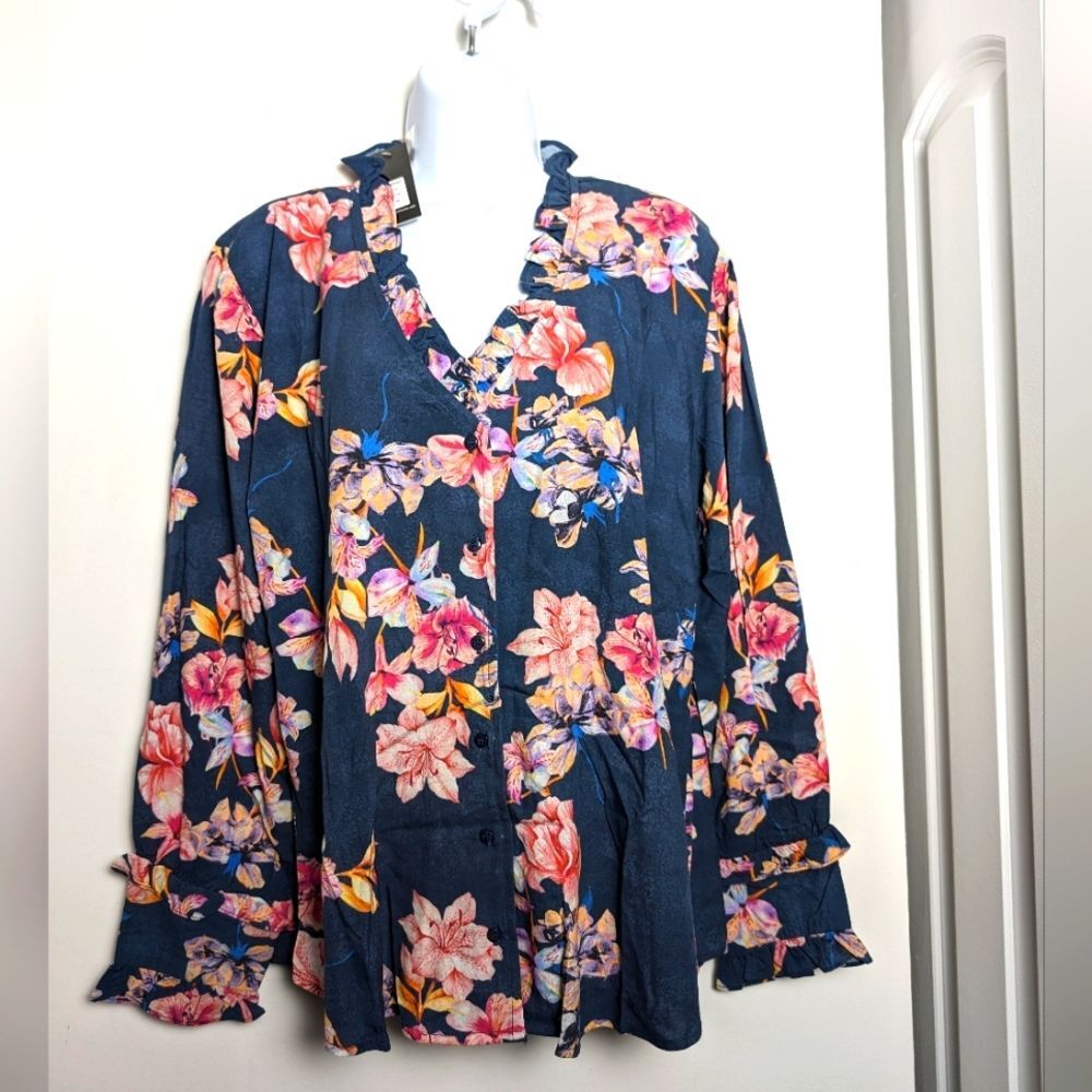 Anthro Tolani ruffle floral button blouse sz M feminine vacation NEW